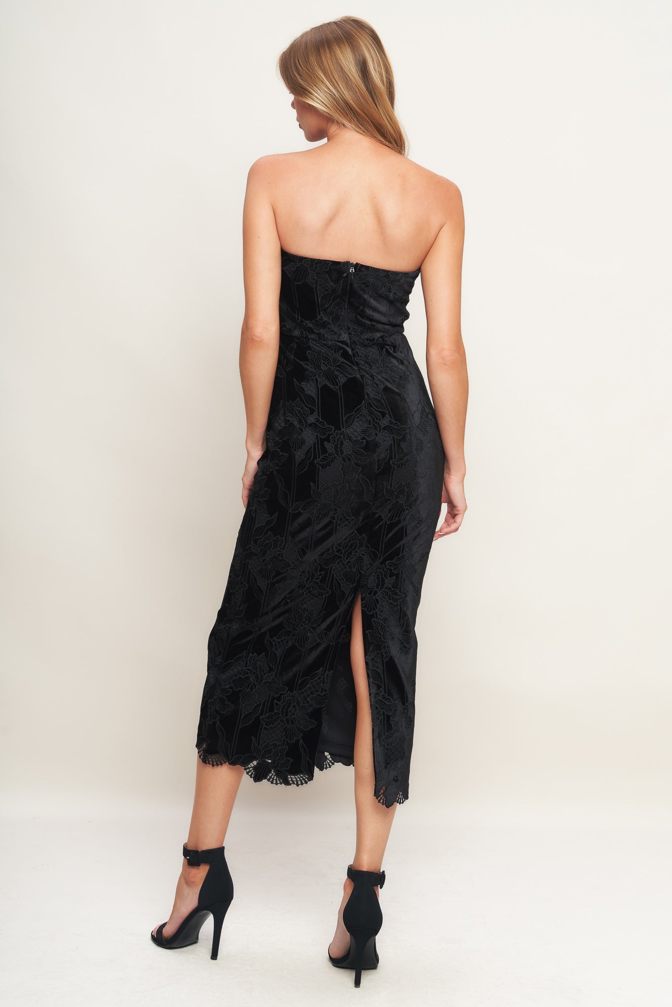 BLACK TEMPTATION WOVEN VELVET LACE MIDI DRESS Flying Tomato